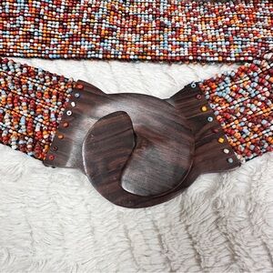 Multicolor Heavy Glass Beaded Belt Western, Stretchy, Boho, Hippy, Wood Buckle